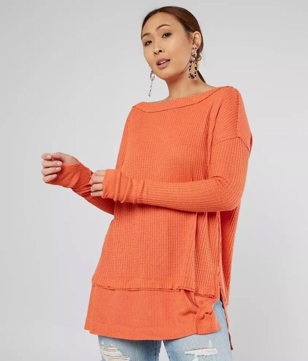 Free People North Shore Coral Orange Waffle Knit Thermal Tunic Top XS